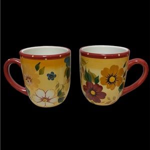 Oneida SUNSET BOUQUET Stoneware Bright Colorful Floral Dots Mugs Cups Se…